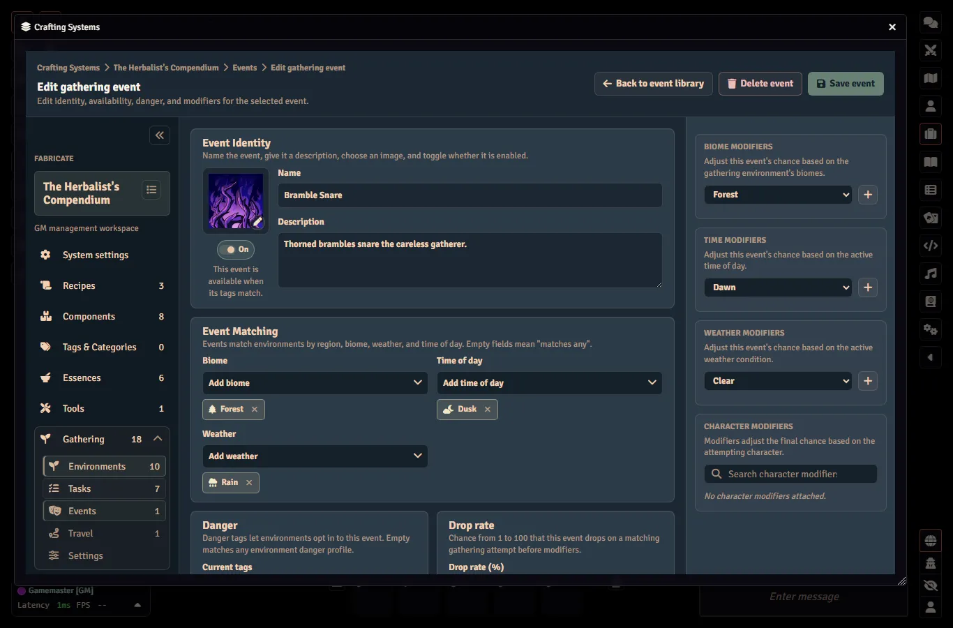 Fabricate gathering event editor