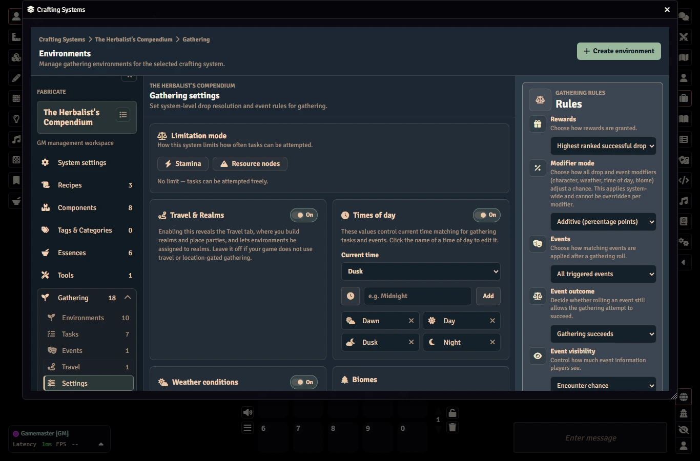 Fabricate gathering settings