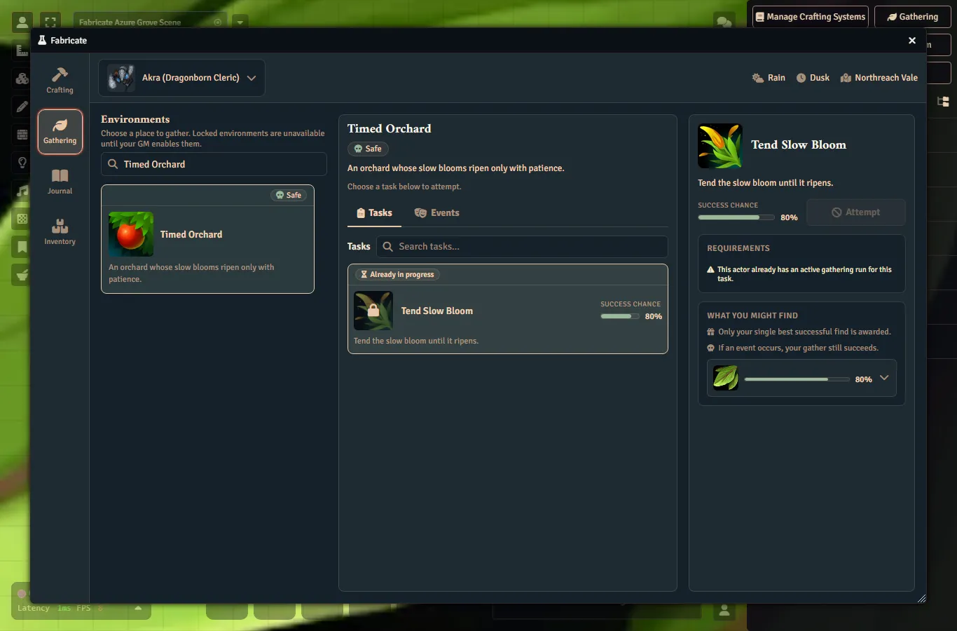 Fabricate player timed gathering run