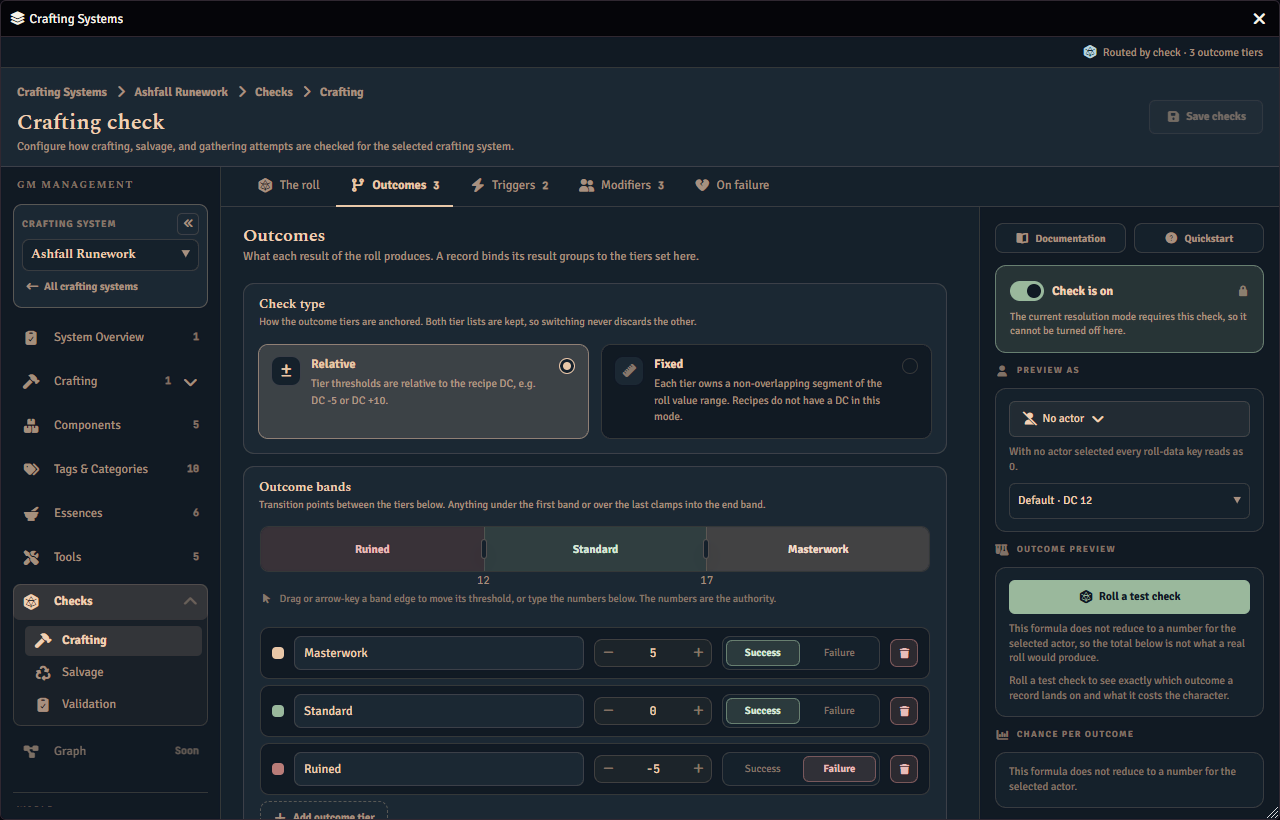 The Outcomes tab of a routed crafting check, showing its Ruined, Standard and Masterwork tiers, the roll thresholds between them, and which of them count as a success.
