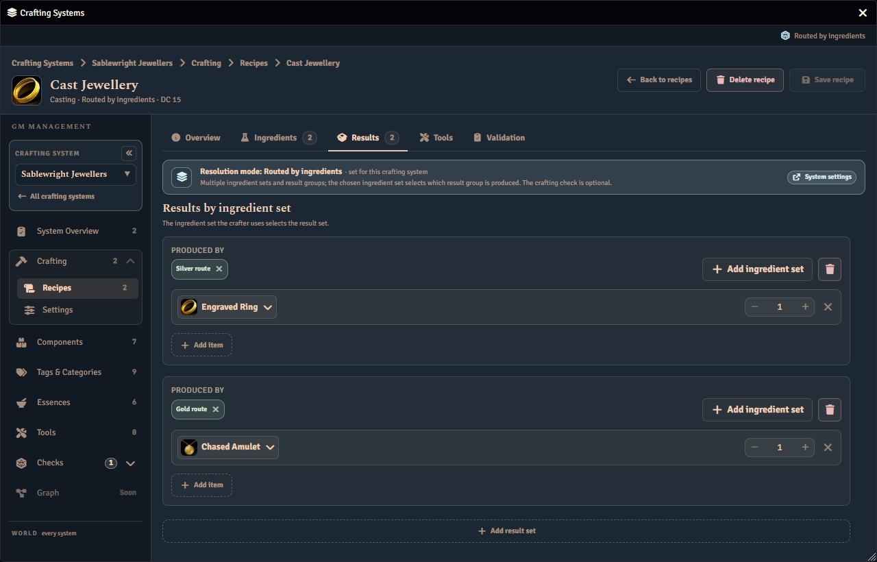 The results tab of the recipe editor for a recipe routed by ingredients, showing one result group for each route.