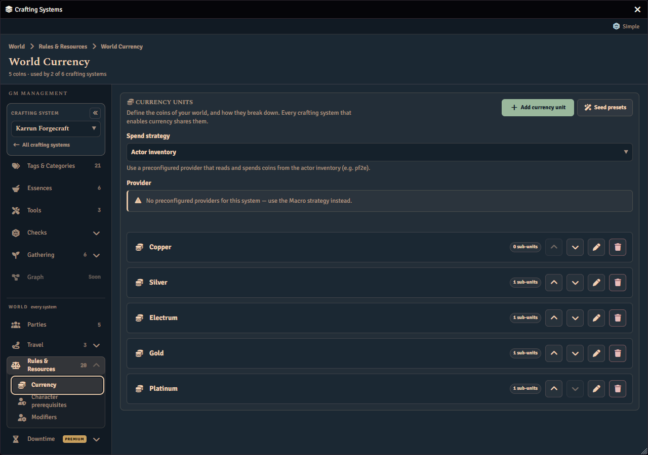 The World Currency page with the spend strategy set to reading coins from the actor's inventory, showing a warning that this game system has no preconfigured provider, above the same list of five coins.