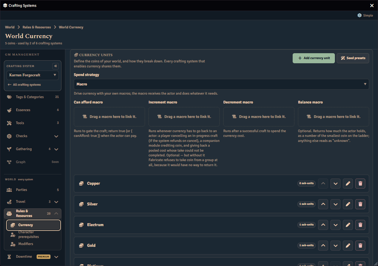 The World Currency page with the spend strategy set to macros, showing four empty drop zones for the can afford, increment, decrement and balance macros with an explanation under each, above the list of coins.