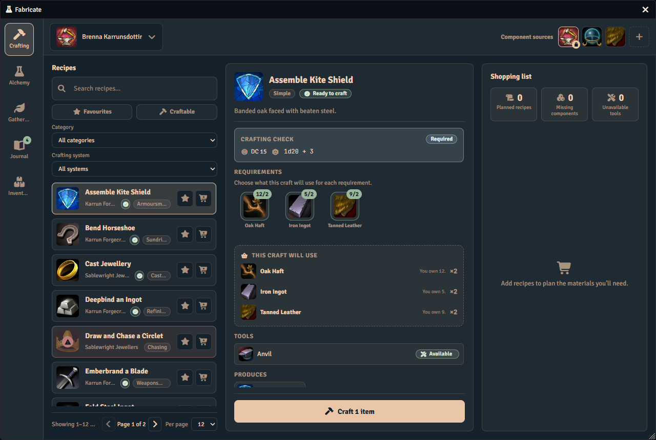 The Fabricate player window on the Crafting tab, with the shopping list on the right reading zero planned recipes, zero missing components and zero unavailable tools above an empty state inviting the player to add recipes to plan the materials they will need, while the centre column lists what the selected craft will use and how many of each the character owns.