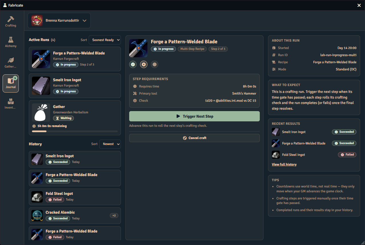 The Journal tab, listing a character’s active runs and the history of finished ones, with a multi-step run open beside them showing what its next step needs.