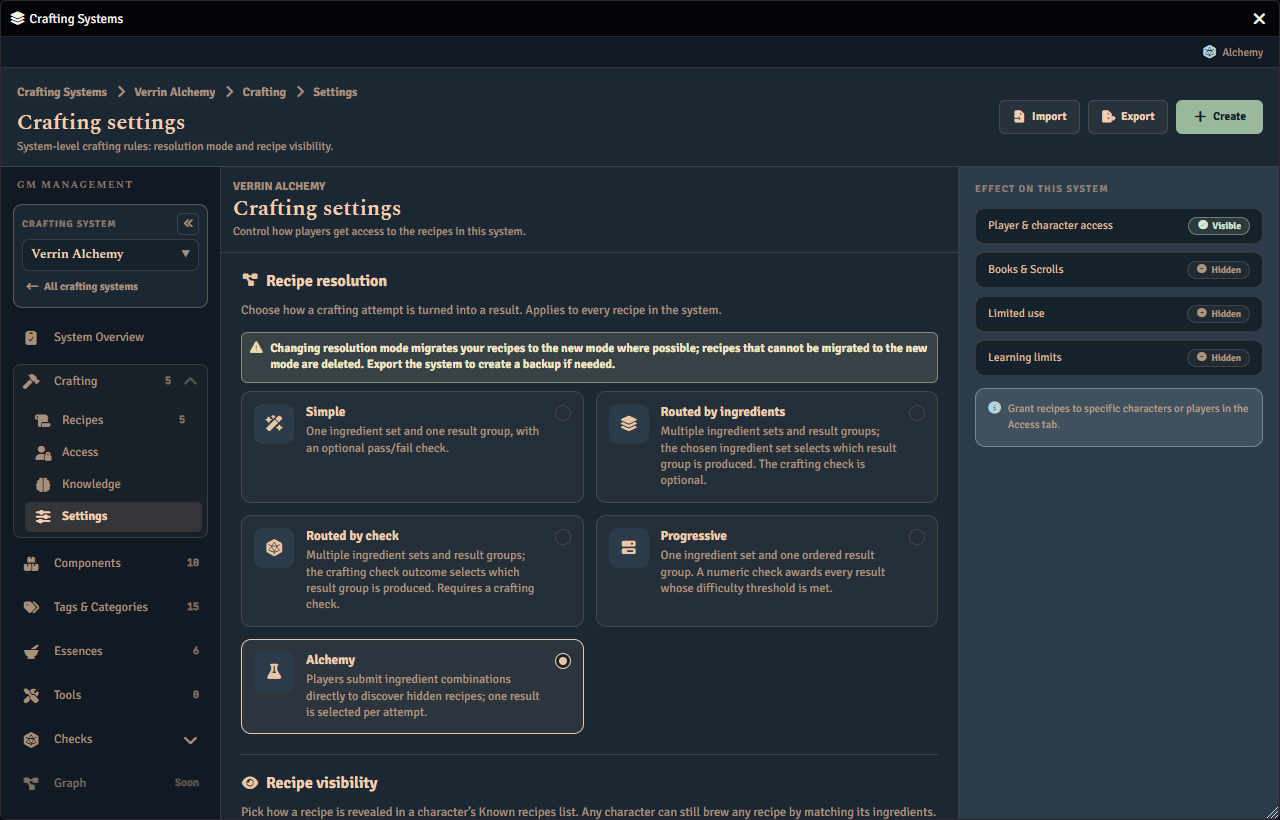 The Crafting settings page for a system with Alchemy chosen as its recipe resolution mode.
