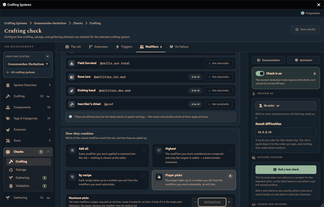 The Modifiers tab of a crafting check, listing the named check modifiers available to it, how they combine into the roll, and the cap on how many a player may pick.