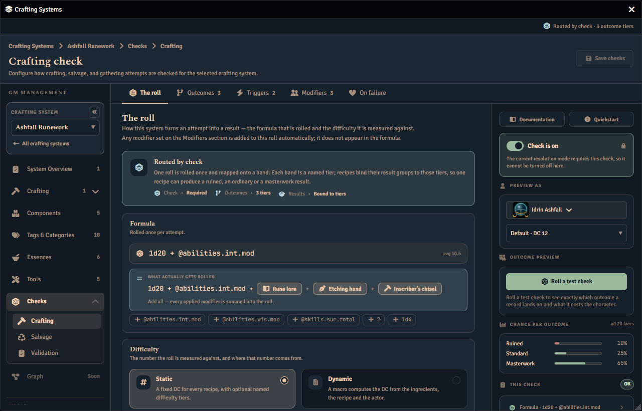 The crafting page of the Checks screen showing the odds of each outcome for a chosen character.
