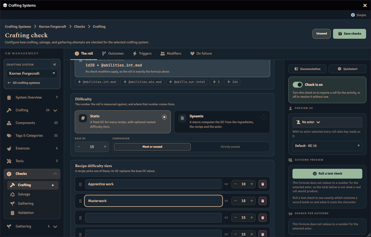 The crafting page of the Checks screen with two named recipe difficulty tiers defined.