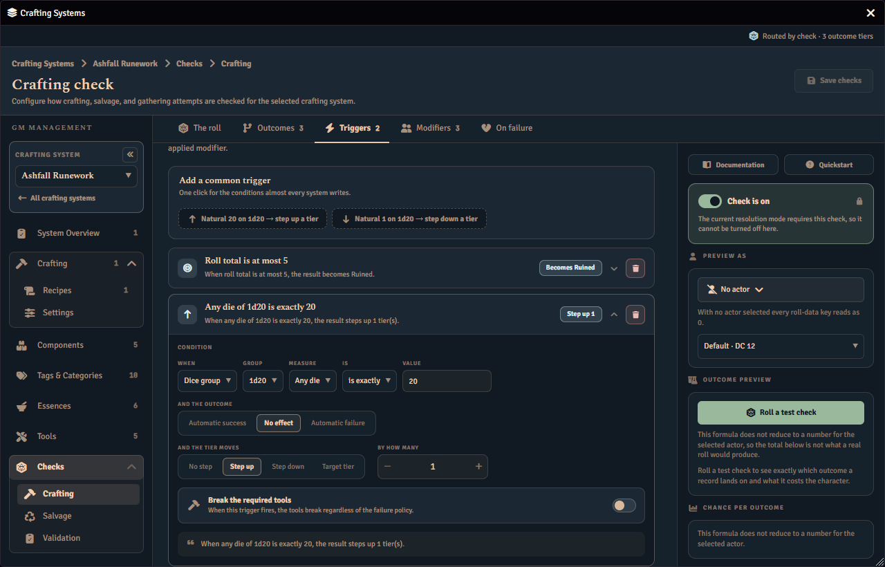 The crafting check's Triggers tab, with one trigger expanded to show the condition it watches and how the result moves, and a card beneath it for breaking the required tools whenever that trigger fires.