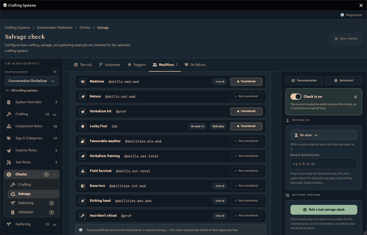 The Modifiers tab of the salvage check, listing the named check modifiers with each one marked as considered or not considered.