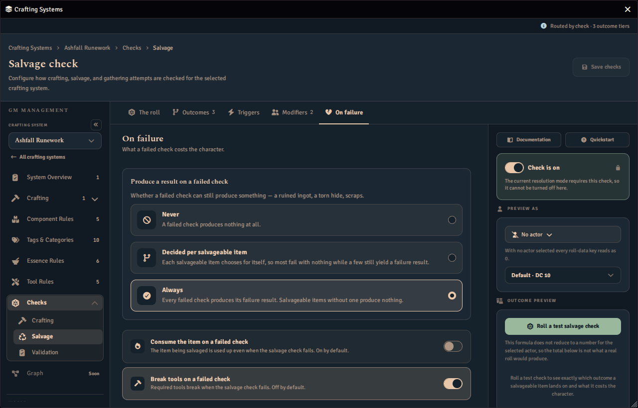 The On failure tab of the salvage check, where the failure result policy is set to Never, Decided per salvageable item or Always, with the consume and break-tools toggles beneath.