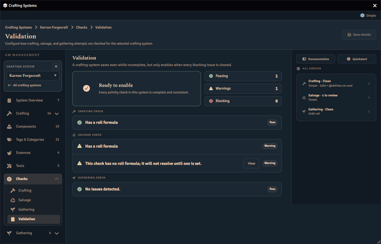 The Validation page of the Checks screen, reporting each activity check as passing, warning or blocking, with one warning raised against the salvage check.