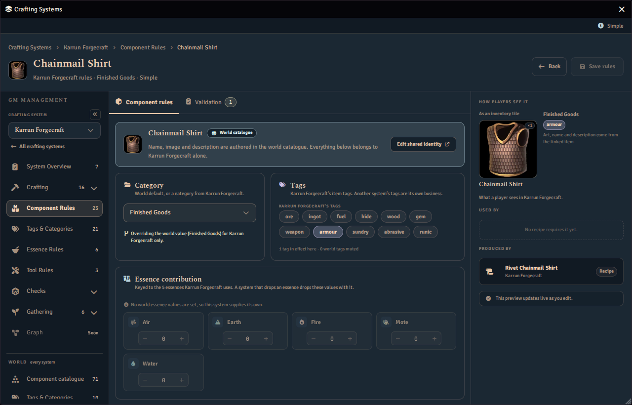A component's catalogue entry in Component Rules, with its category and tags cards, the Essence contribution card with a quantity for each essence, and a preview of how players see the component.