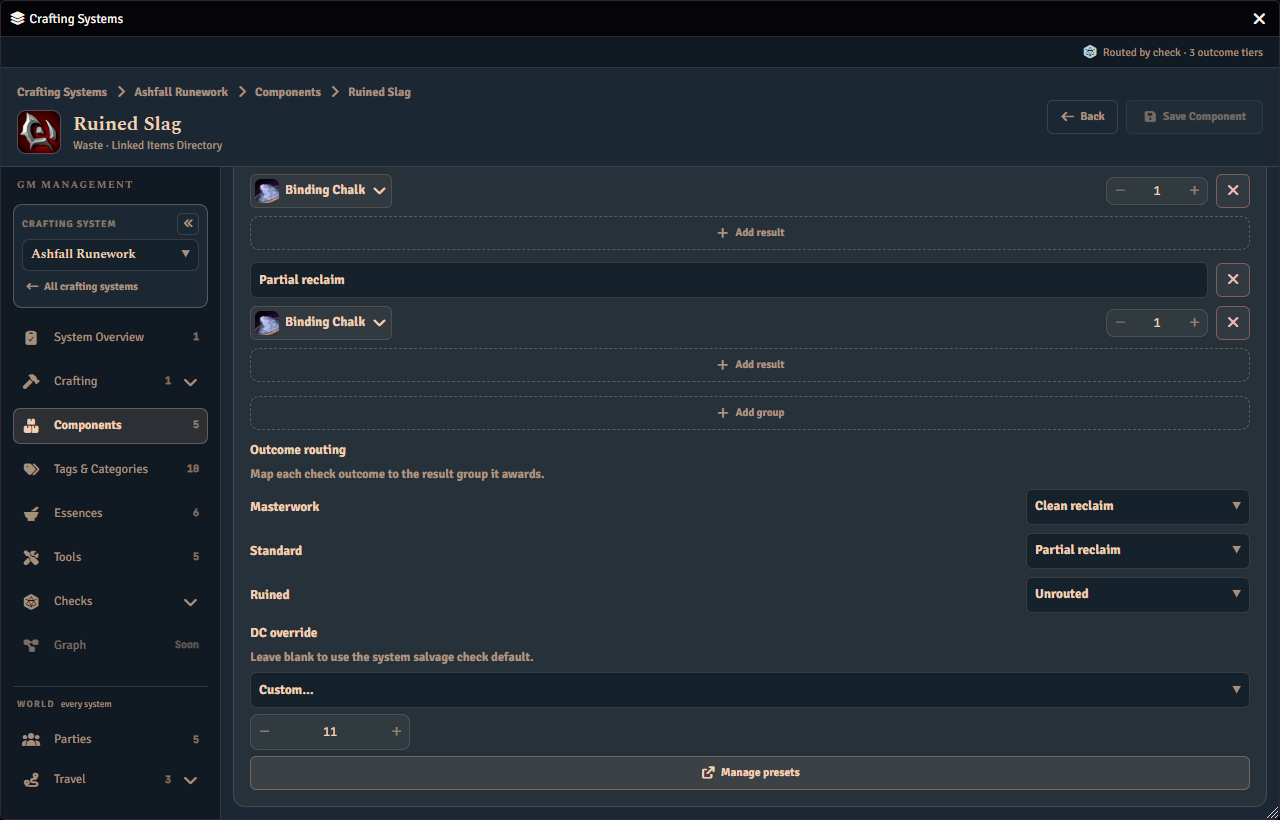 The salvage section of the component editor, showing the result groups a component breaks down into, the check outcome each group is awarded for, and the DC override set for this component.