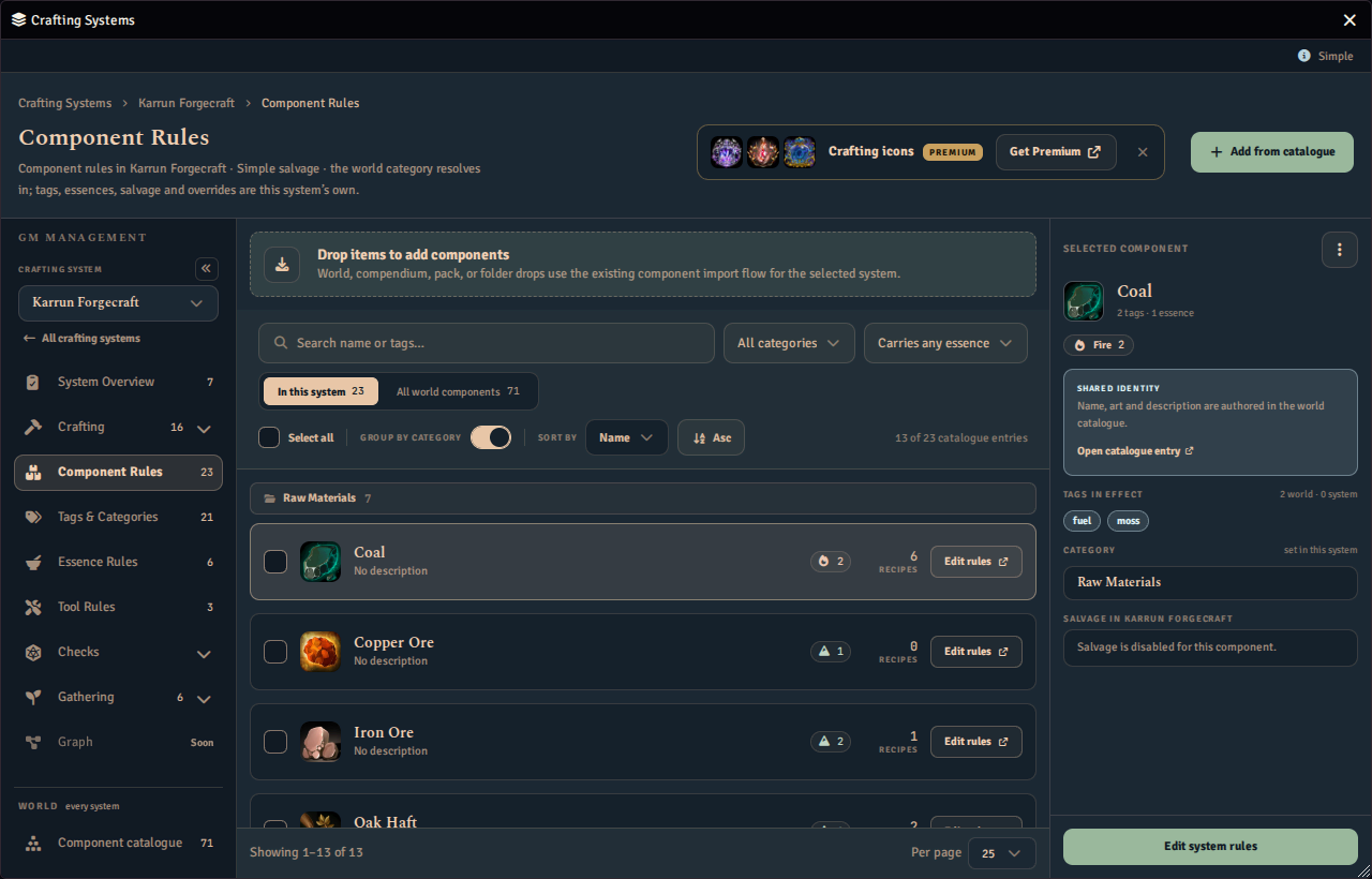 The Component Rules screen listing the system's components, with each row's essence contribution shown as chips, and the selected component's summary and an Edit system rules button beside the list.