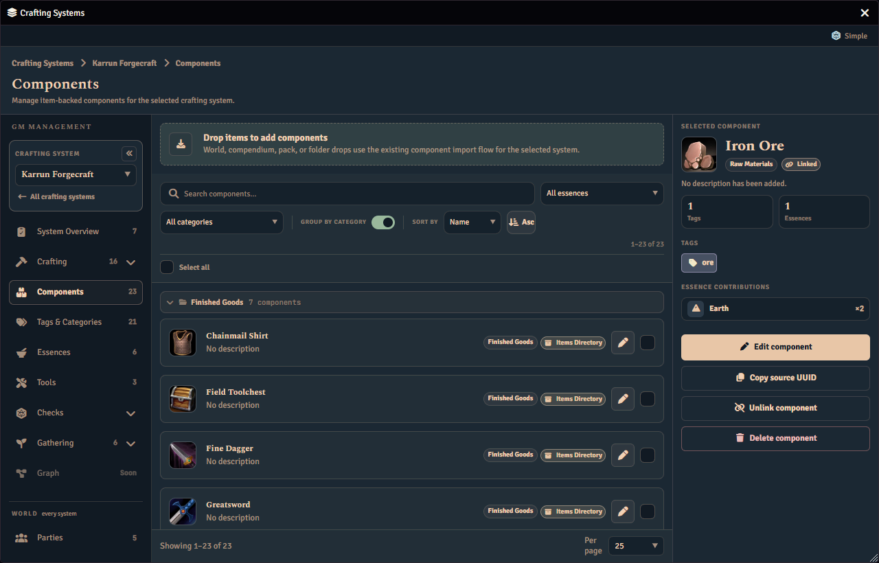 The Components page for a crafting system, with a drop zone for adding items above the component library grouped by category, and the selected component with its tags, essence contributions and actions in the panel on the right.