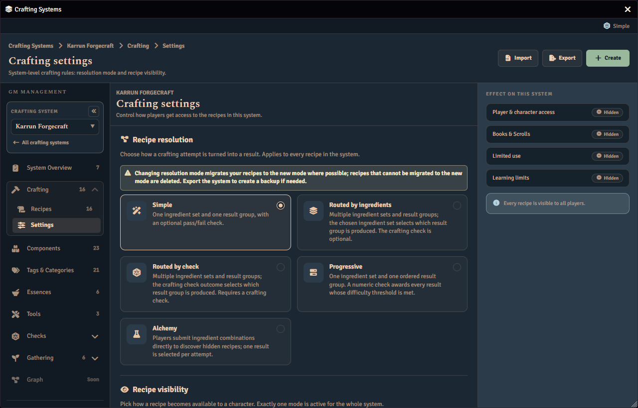 The Crafting settings page for a system, where the recipe resolution mode is chosen and recipe visibility is set.