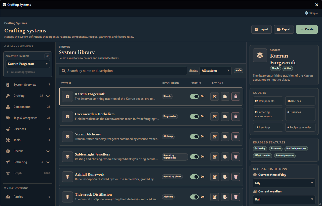 The Crafting Systems window showing the system library, with one system selected and its component, recipe and essence counts, enabled features and global conditions listed beside it.
