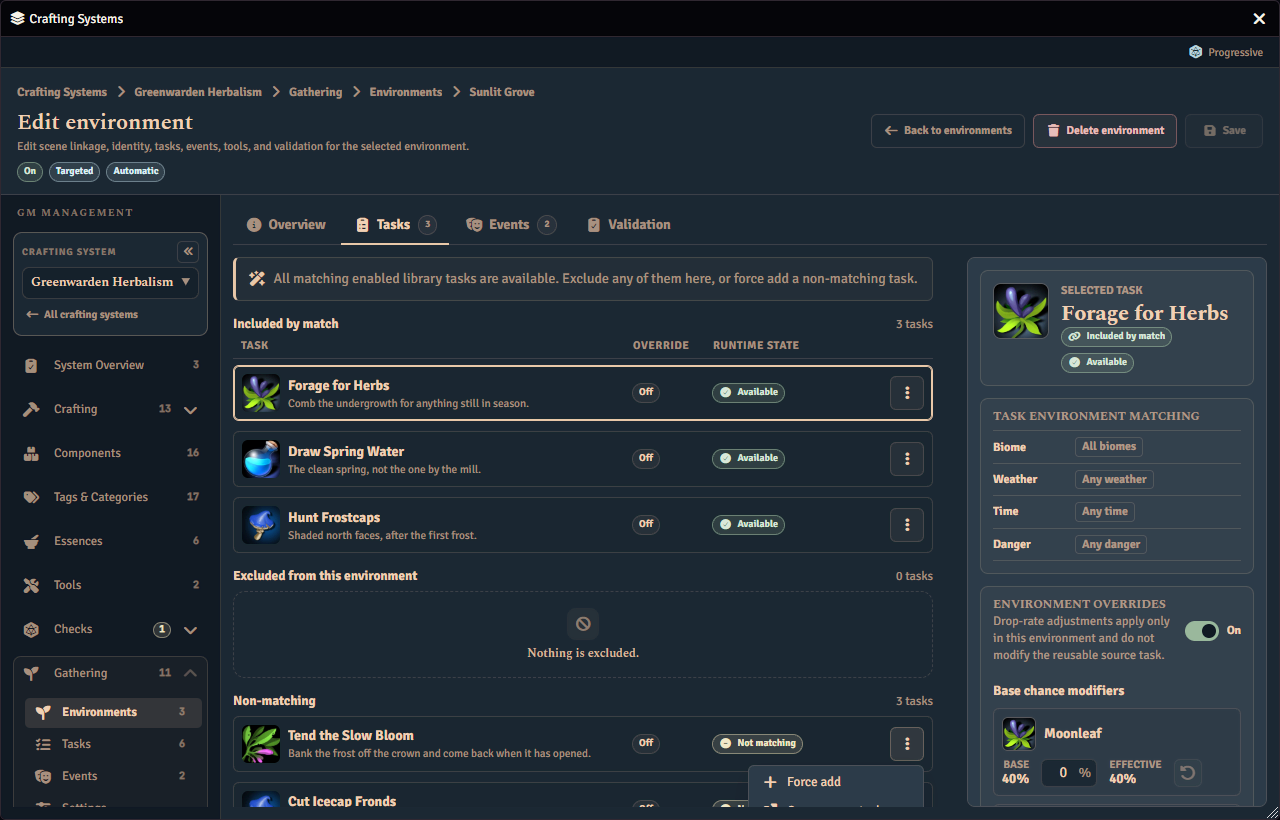 The environment editor's Tasks tab in automatic composition mode, showing the tasks included by match, an empty excluded section, and the non-matching section with a row menu open on its Force add action.