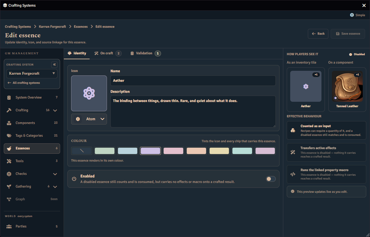 The essence rules editor for one crafting system. A card names the shared world definition and offers Edit shared definition, an Enabled in Karrun Forgecraft switch sits below it turned off, and the Active effect source card carries its own override switch and the linked item. A live preview on the right shows how the essence reads on an inventory tile and on a component.