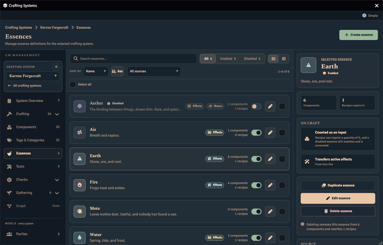 The Essences page for a crafting system. Each row carries the icon, name, description, effects and macro pills, component and recipe counts and an enable switch, and the panel on the right shows the selected essence and what it does on craft.
