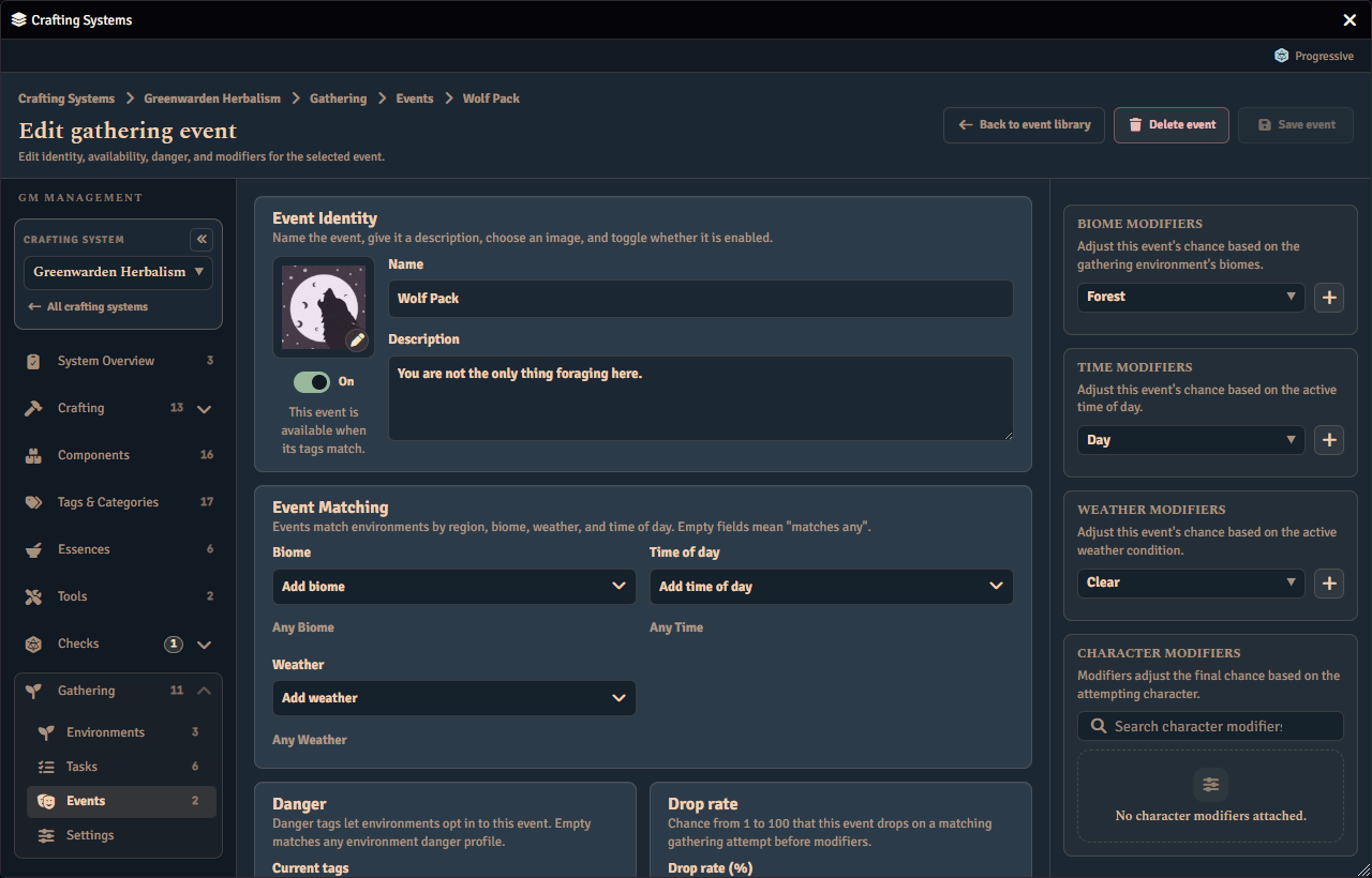 The gathering event editor, showing an event’s identity, what it matches on, and the biome, time, weather and character modifiers that adjust its chance.