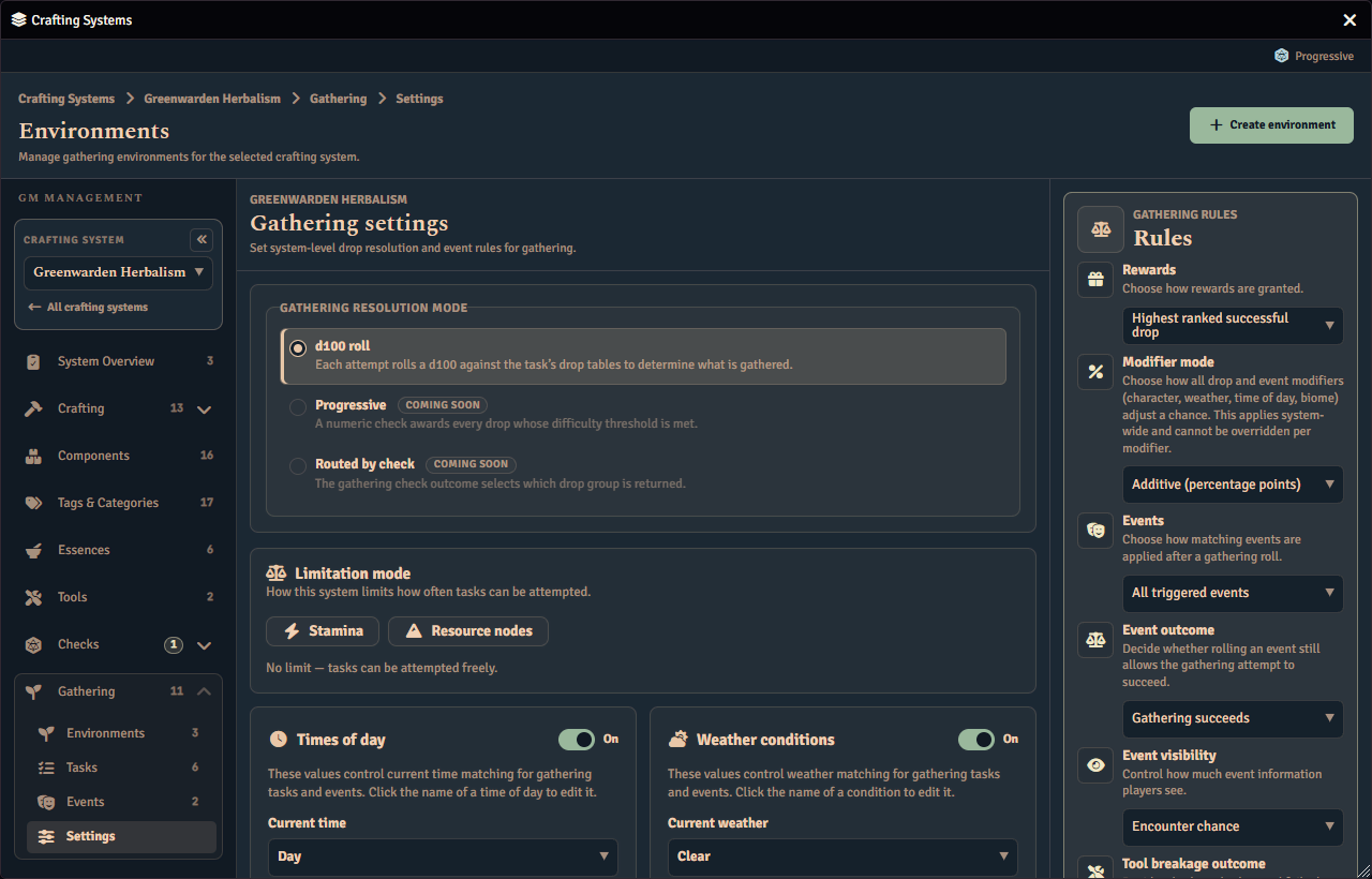 The gathering Settings tab for a crafting system, showing the gathering resolution mode card, the limitation mode card with neither limitation turned on, and the system gathering rules in the inspector beside them.