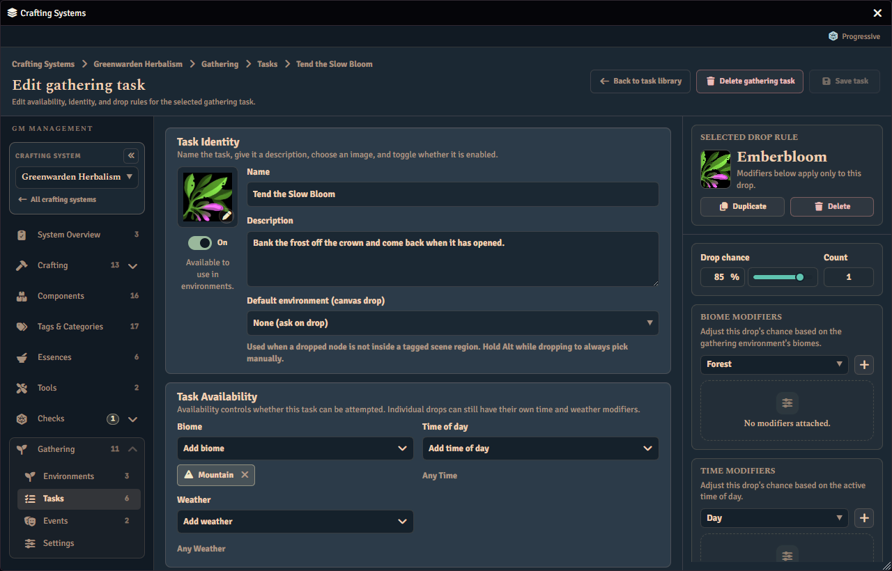 The gathering task editor, showing a task’s identity and when it may be attempted, with the selected drop rule’s chance, count and modifiers on the right.