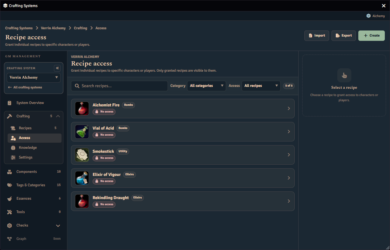 The Recipe access page, where individual recipes are granted to specific characters or players. Every recipe in this system currently shows No access.