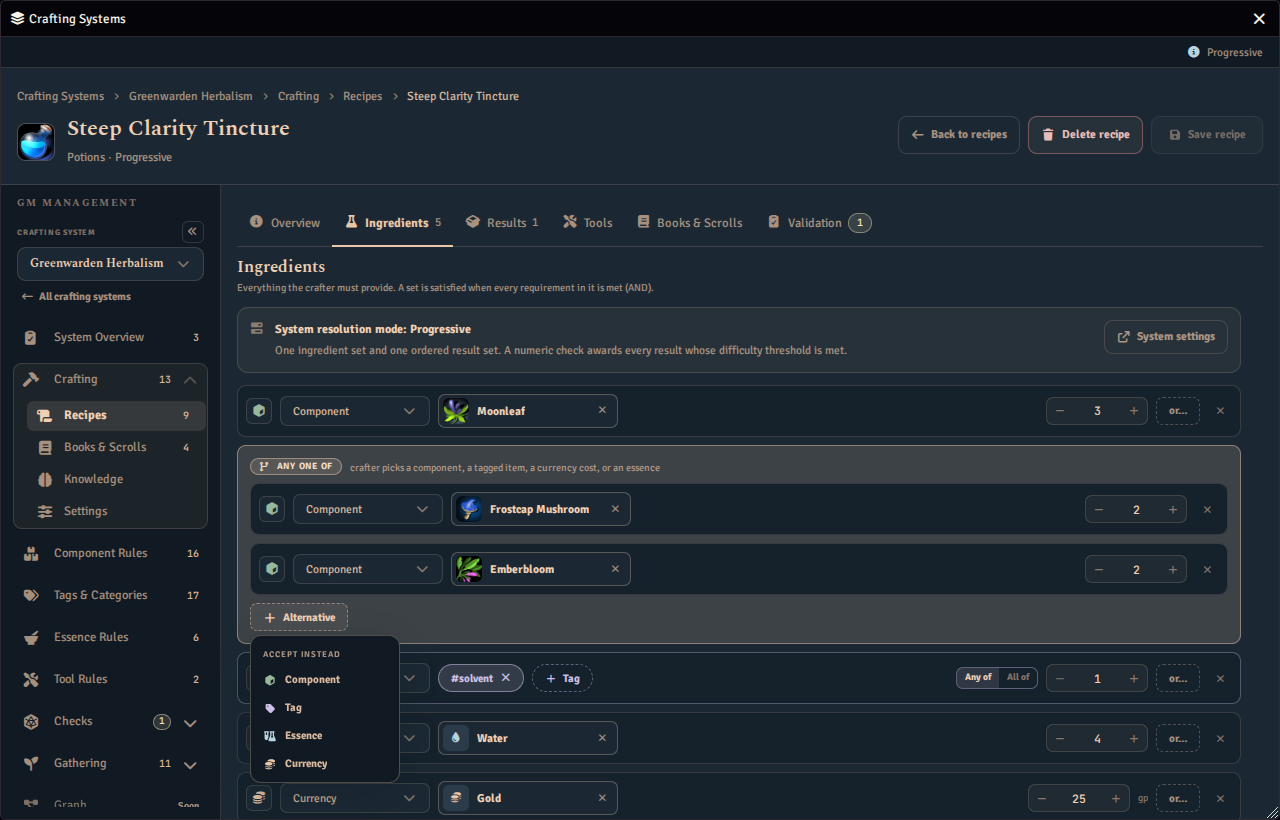 The recipe editor's Ingredients tab with an any-one-of requirement open, and the Accept instead menu offering Component, Tag, Essence and Currency alternatives.