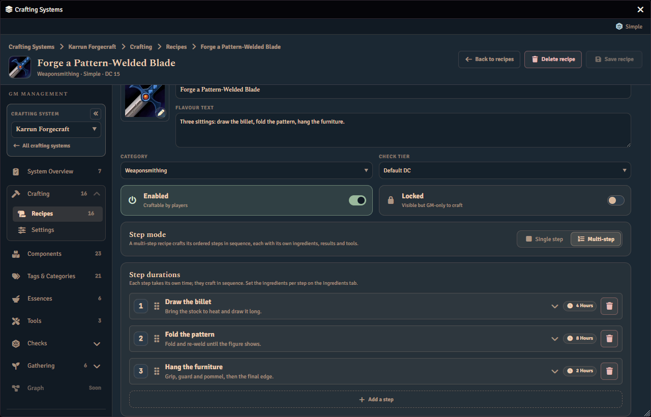 The Overview tab of the recipe editor for a multi-step recipe, showing its three ordered steps and how long each one takes.