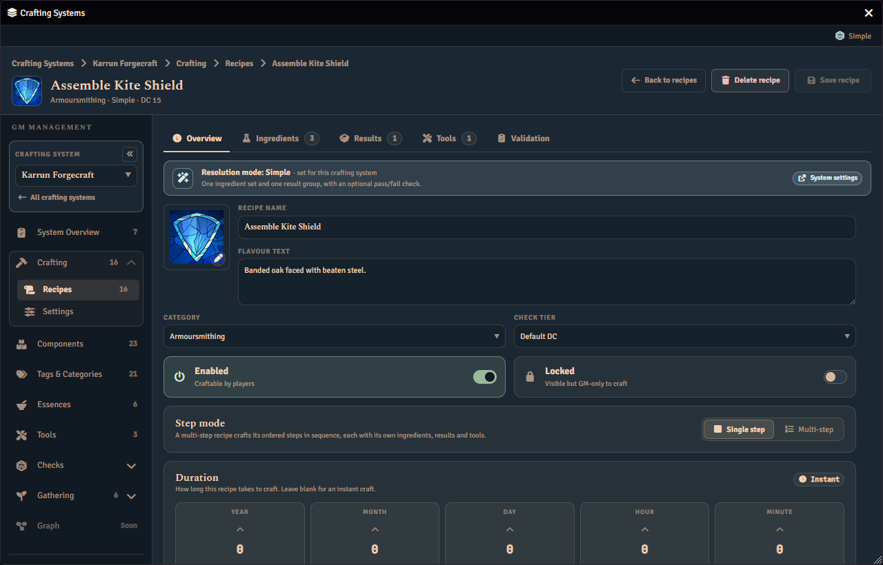 The Overview tab of the recipe editor, showing a recipe’s name, flavour text, category and check tier, whether it is enabled or locked, and whether it crafts in one step or several.