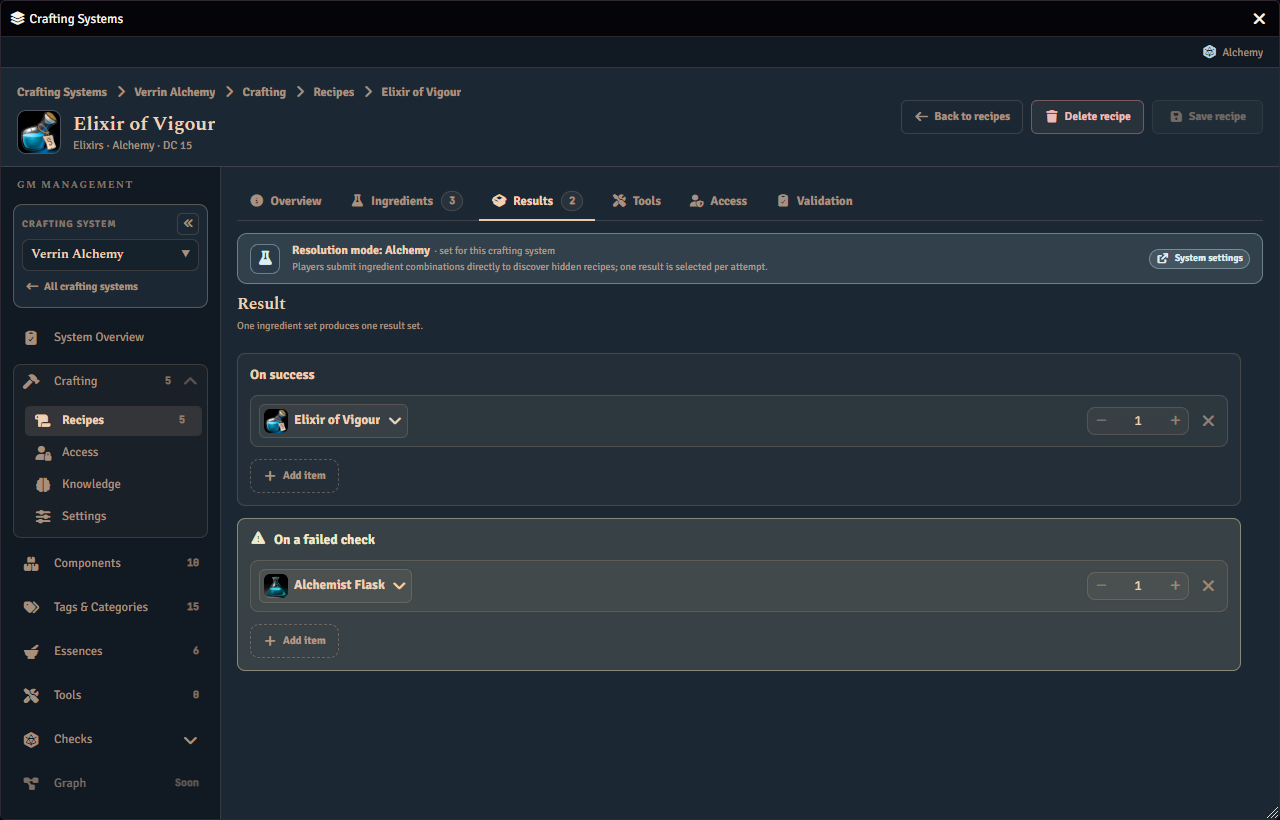 The Results tab of the recipe editor for an alchemy recipe, showing what a successful brew produces and what a failed check produces instead.