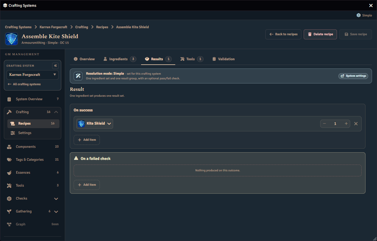 The Results tab of the recipe editor for a simple recipe, showing what it produces on success and what it produces on a failed check.