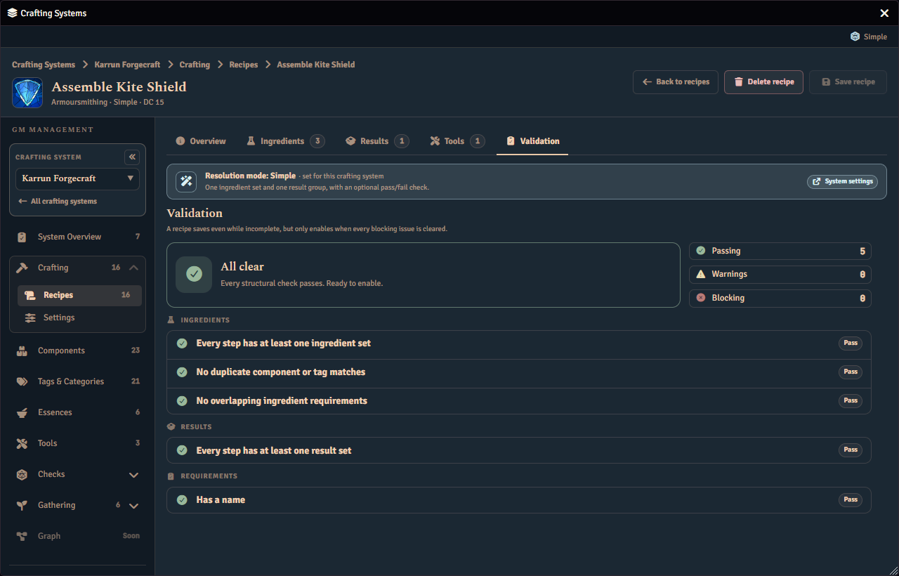 The Validation tab of the recipe editor, reporting five passing structural checks, no warnings and nothing blocking the recipe from being enabled.
