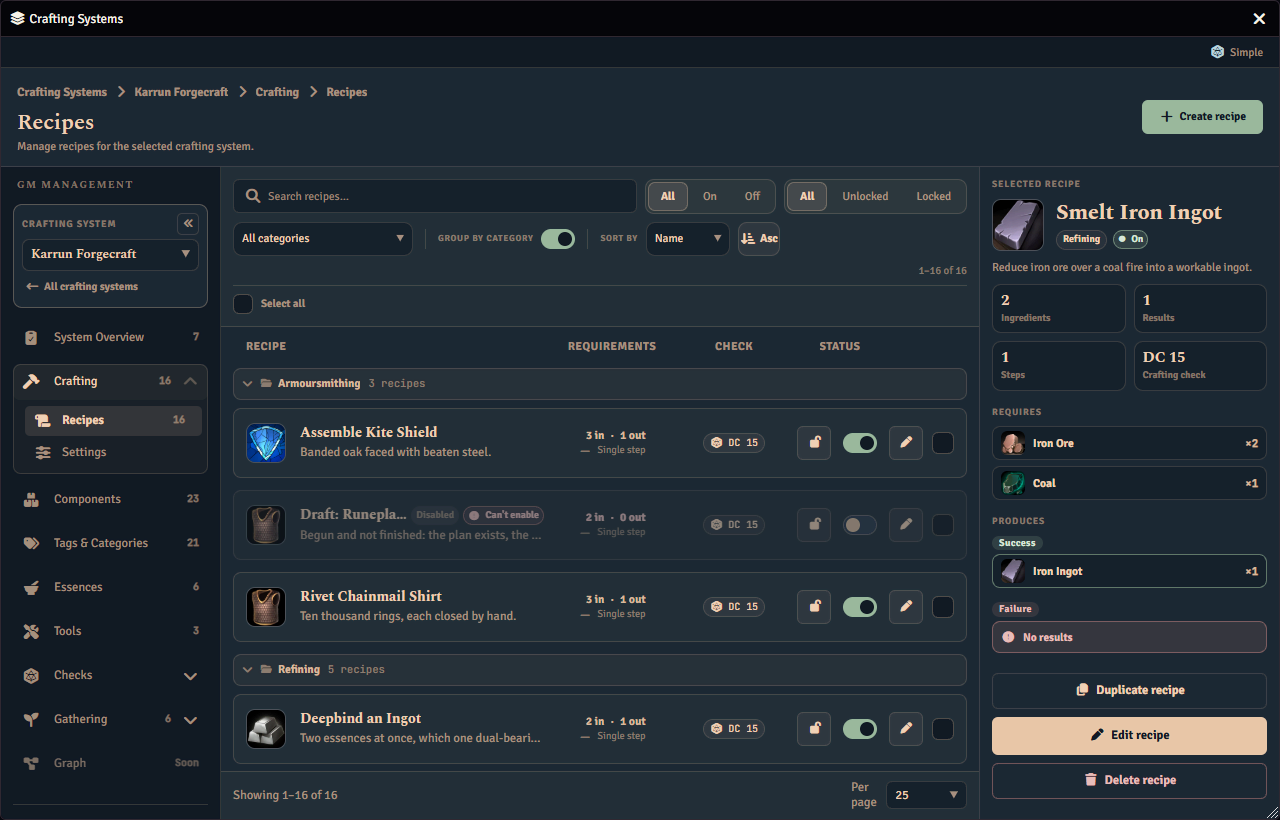 The recipe browser for a crafting system, with recipes grouped by category and each row showing its requirement counts, its crafting check and whether it is enabled, beside a summary of the selected recipe.