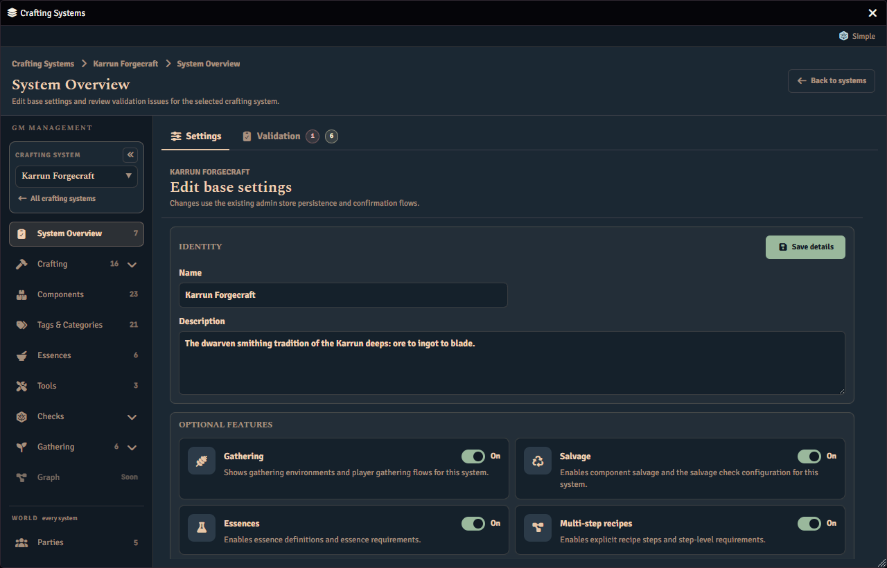 The System Overview settings page for a crafting system, showing its name and description alongside the optional feature toggles for gathering, salvage, essences and multi-step recipes.