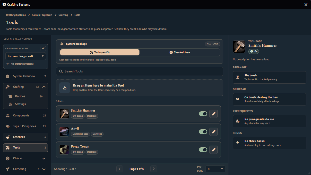 The tool library for a crafting system, listing each tool with how it breaks and what happens when it does, below the system-wide breakage mode, with the selected tool summarised on the right.