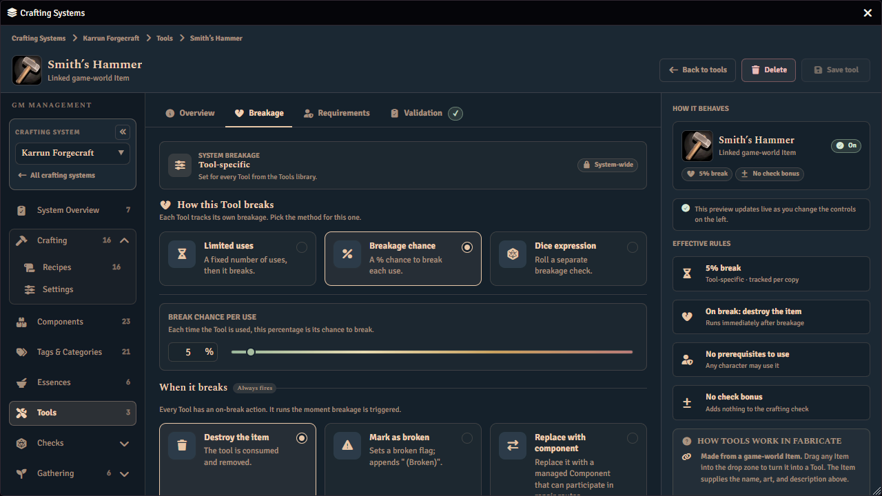 The breakage tab of the tool editor, where the chance of breaking and what happens on a break are set.