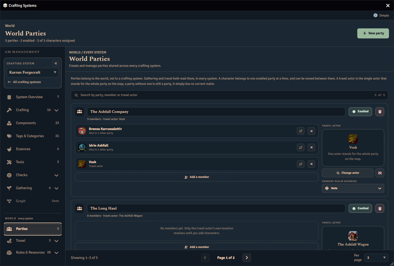 The World Parties page, with each party drawn as a full-width card carrying its name, an enabled pill, its member rows, and a travel actor panel with a current realm override picker beneath it.