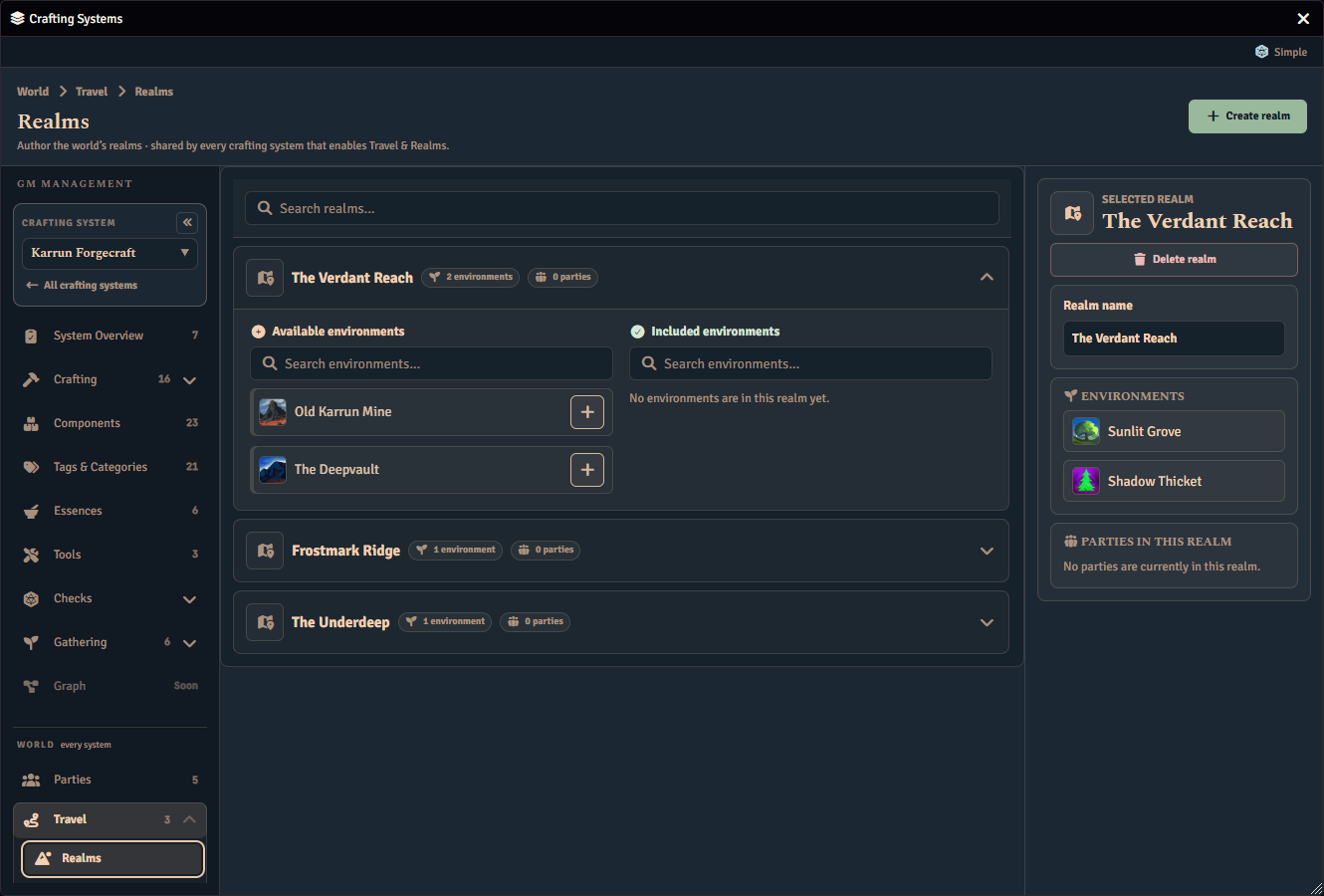 The Realms page under World and Travel. The Verdant Reach is expanded into a column of environments available to add beside an included environments column reading that no environments are in this realm yet, while the panel on the right carries the realm name, the two environments it records for the realm, and a note that no parties are currently in it.