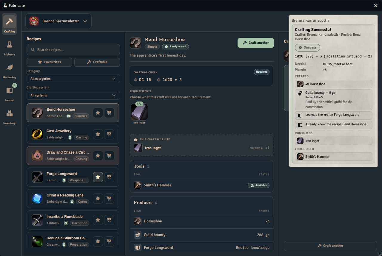 The Crafting tab beside a Crafting Successful chat card that shows the roll against its target, what was created, a currency reward and a recipe learned, and what was consumed.