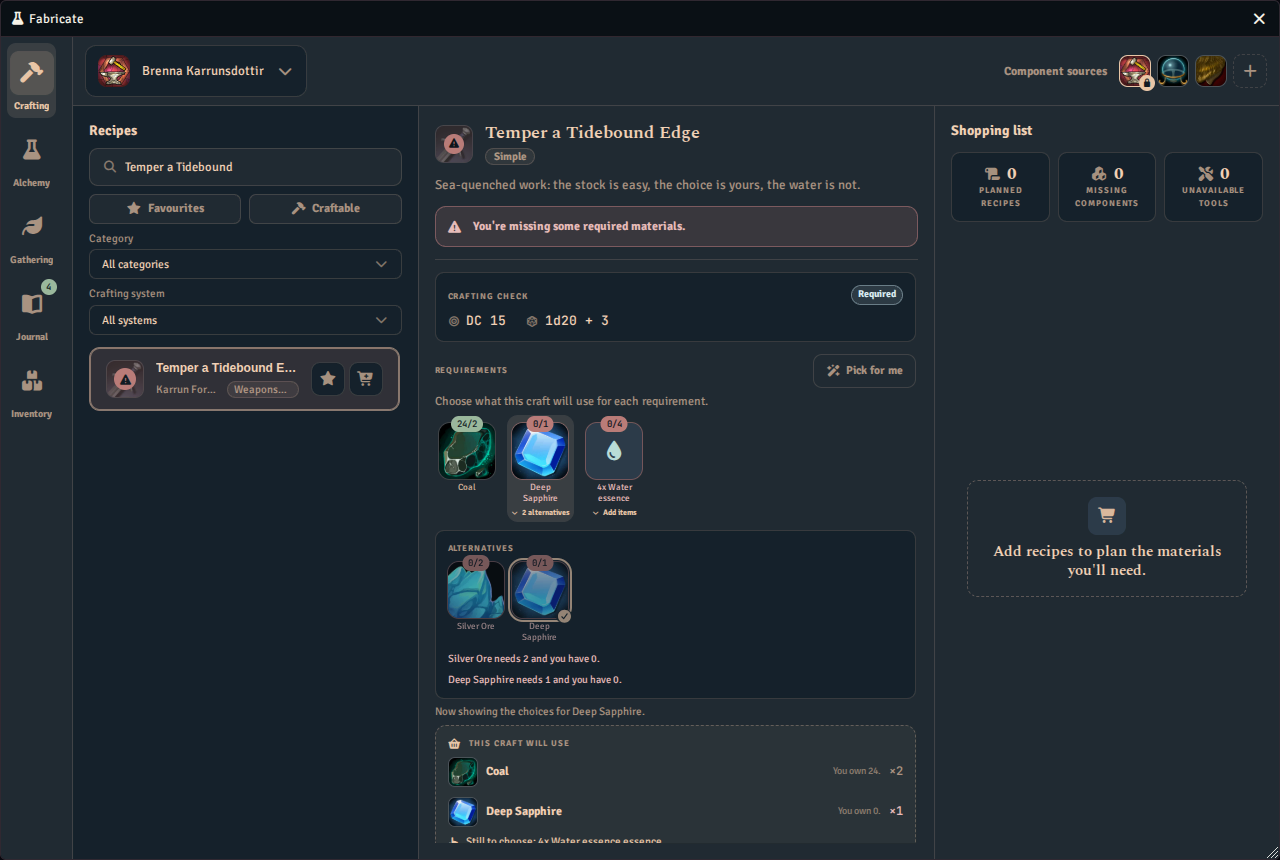 The player Crafting tab with a requirement's alternatives open, showing each candidate item and how many the player holds, beside the list of what the craft will use.