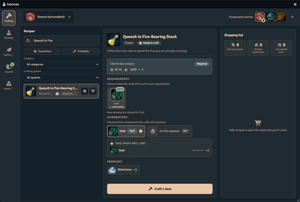 The player Crafting tab with a recipe requirement offering two alternatives, a component called Coal and an amount of Fire essence. Coal is chosen, and a card below confirms what the craft will consume.