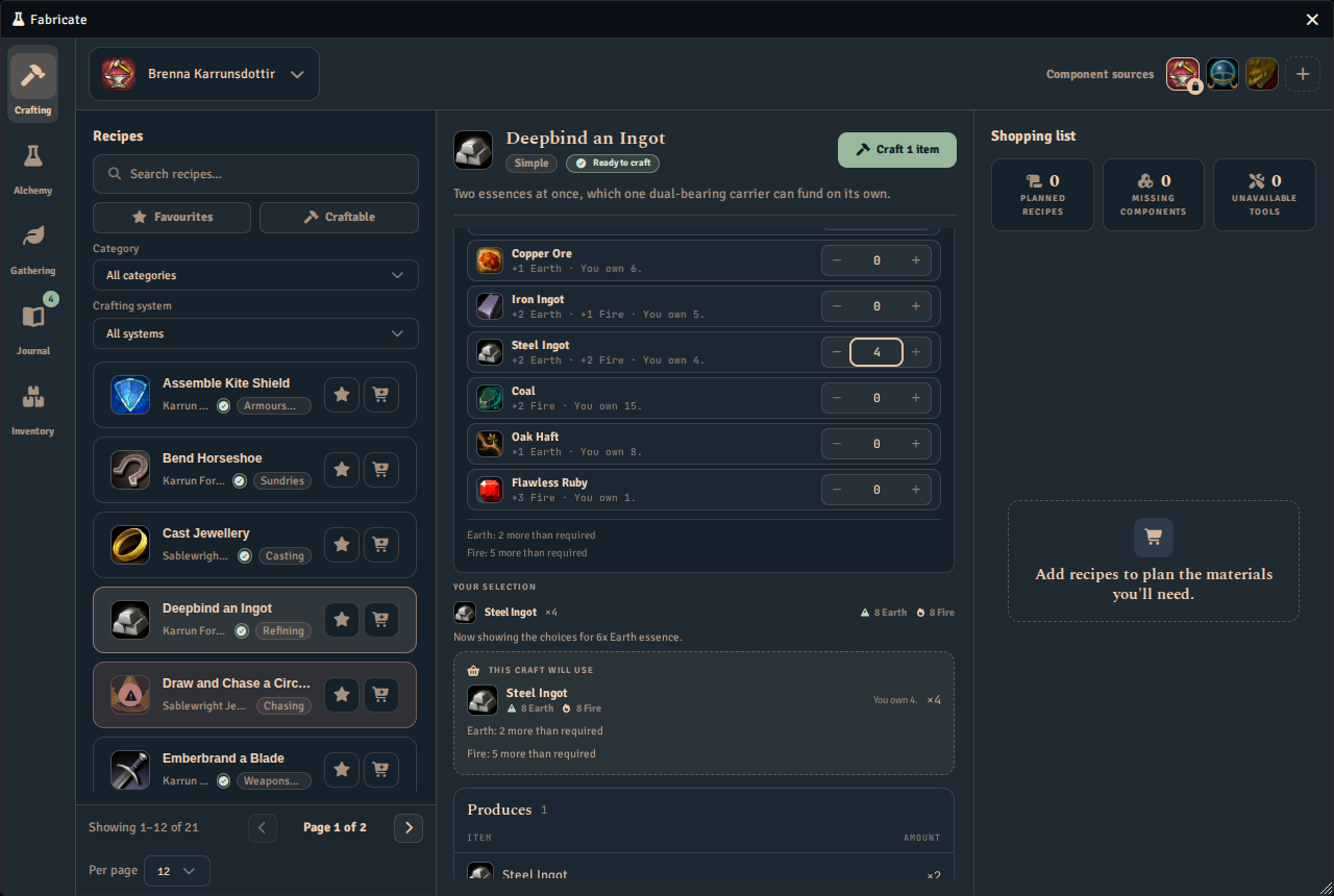 The essence pool in the Crafting tab with a selection that overshoots, listing each carrier with a stepper and a note saying how much more of an essence was picked than required.