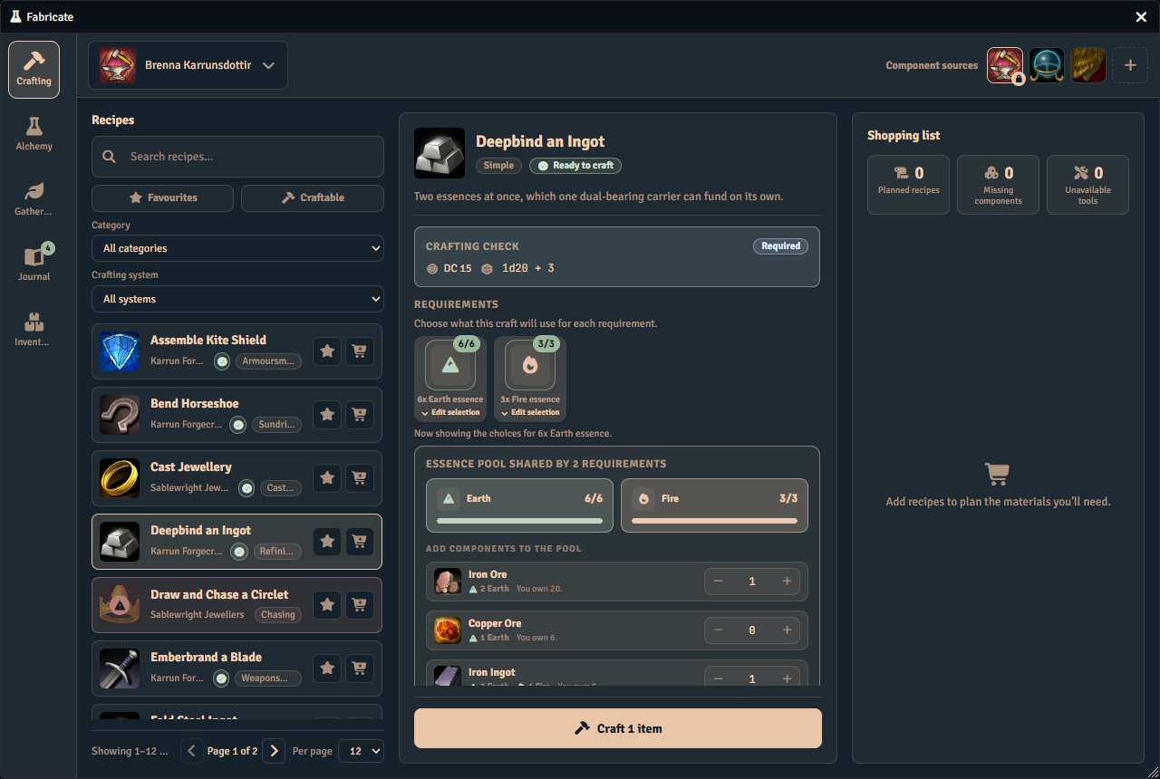 The player Crafting tab with a recipe whose two essence requirements draw on one shared pool. The Earth and Fire totals are filled, and a list of components below them carries a stepper for adding each one to the pool.