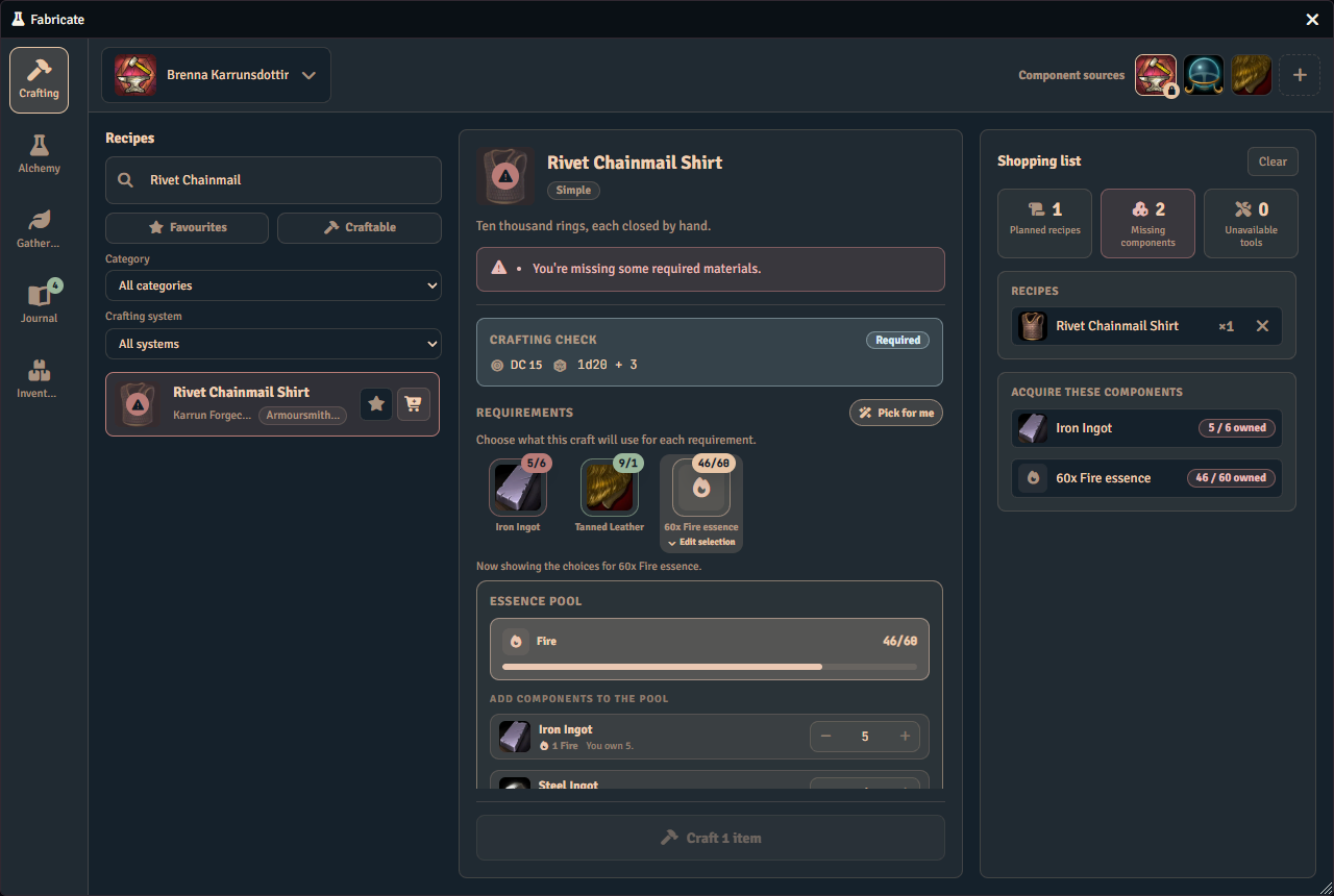 The player Crafting tab with a recipe the character cannot yet make. The shopping list on the right carries the queued recipe and the two shortfalls to acquire, an iron ingot and an amount of Fire essence.