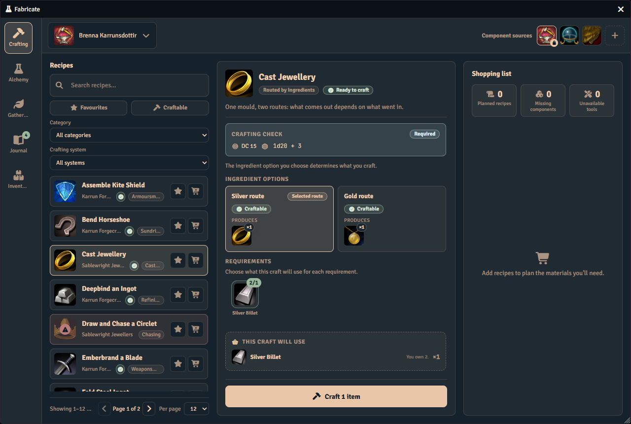 A recipe routed by ingredients selected in the Crafting tab, showing how the chosen ingredients decide the result.