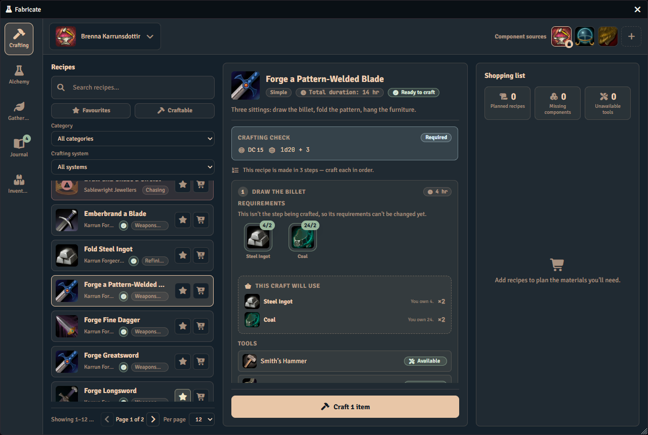 A multi-step recipe selected in the Crafting tab, showing its total duration and the first of its three steps, with the materials and tool that step needs.